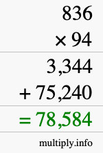 How to calculate 836 times 94 using long multiplication