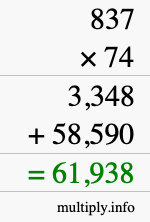 How to calculate 837 times 74 using long multiplication
