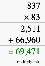 How to calculate 837 times 83 using long multiplication