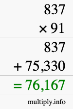 How to calculate 837 times 91 using long multiplication