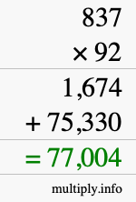 How to calculate 837 times 92 using long multiplication