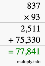 How to calculate 837 times 93 using long multiplication