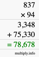How to calculate 837 times 94 using long multiplication