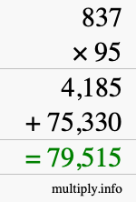 How to calculate 837 times 95 using long multiplication