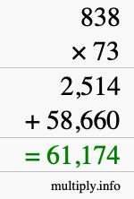 How to calculate 838 times 73 using long multiplication