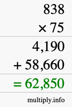 How to calculate 838 times 75 using long multiplication