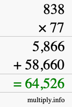 How to calculate 838 times 77 using long multiplication