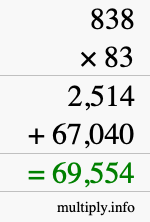 How to calculate 838 times 83 using long multiplication