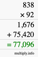 How to calculate 838 times 92 using long multiplication
