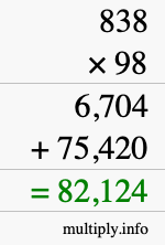 How to calculate 838 times 98 using long multiplication