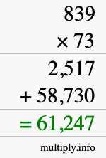 How to calculate 839 times 73 using long multiplication