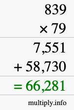 How to calculate 839 times 79 using long multiplication