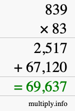 How to calculate 839 times 83 using long multiplication
