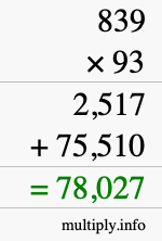 How to calculate 839 times 93 using long multiplication