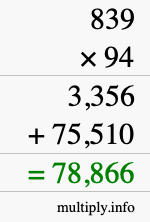 How to calculate 839 times 94 using long multiplication