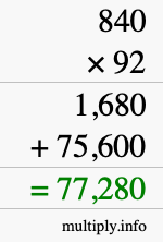 How to calculate 840 times 92 using long multiplication