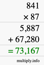 How to calculate 841 times 87 using long multiplication