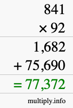 How to calculate 841 times 92 using long multiplication