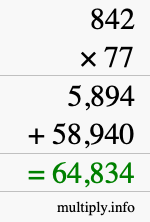 How to calculate 842 times 77 using long multiplication