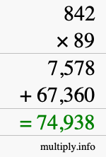 How to calculate 842 times 89 using long multiplication