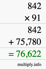 How to calculate 842 times 91 using long multiplication