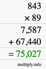 How to calculate 843 times 89 using long multiplication