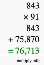 How to calculate 843 times 91 using long multiplication
