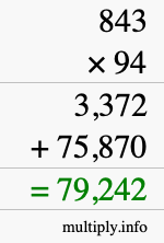 How to calculate 843 times 94 using long multiplication