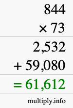 How to calculate 844 times 73 using long multiplication