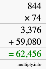 How to calculate 844 times 74 using long multiplication