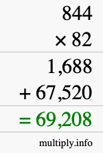 How to calculate 844 times 82 using long multiplication
