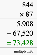 How to calculate 844 times 87 using long multiplication