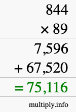 How to calculate 844 times 89 using long multiplication