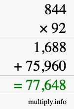 How to calculate 844 times 92 using long multiplication