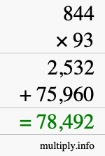 How to calculate 844 times 93 using long multiplication