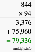 How to calculate 844 times 94 using long multiplication