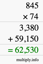 How to calculate 845 times 74 using long multiplication