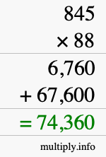 How to calculate 845 times 88 using long multiplication