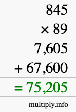 How to calculate 845 times 89 using long multiplication