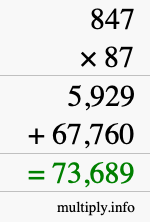 How to calculate 847 times 87 using long multiplication