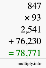 How to calculate 847 times 93 using long multiplication