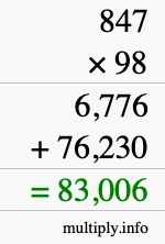 How to calculate 847 times 98 using long multiplication