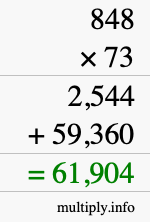 How to calculate 848 times 73 using long multiplication