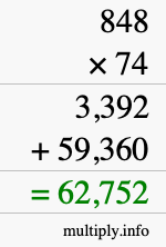 How to calculate 848 times 74 using long multiplication