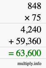 How to calculate 848 times 75 using long multiplication