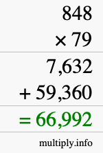 How to calculate 848 times 79 using long multiplication