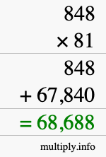 How to calculate 848 times 81 using long multiplication
