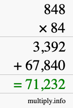 How to calculate 848 times 84 using long multiplication