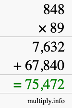 How to calculate 848 times 89 using long multiplication