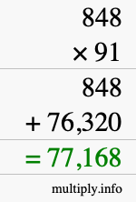 How to calculate 848 times 91 using long multiplication